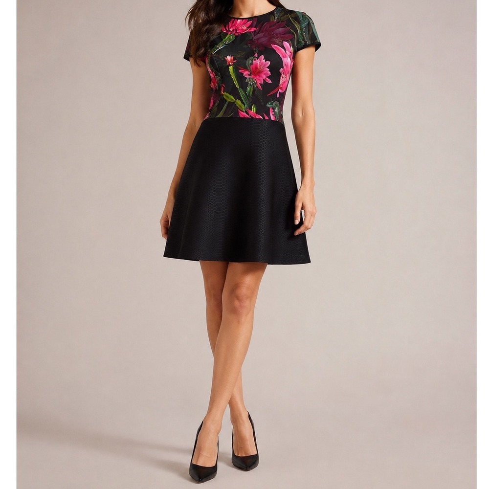 Ted Baker London Carllie Floral Skater Dress Black Snakeskin Texture Size 1 US 4